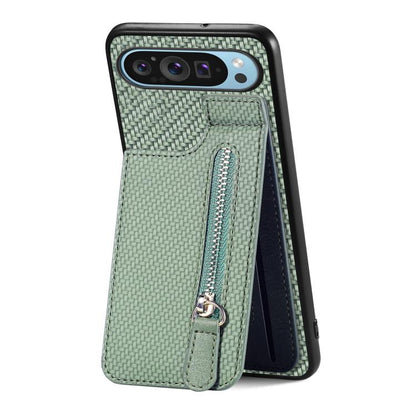 Green carbon fiber vertical flip zipper phone case with woven texture and metal zipper pull