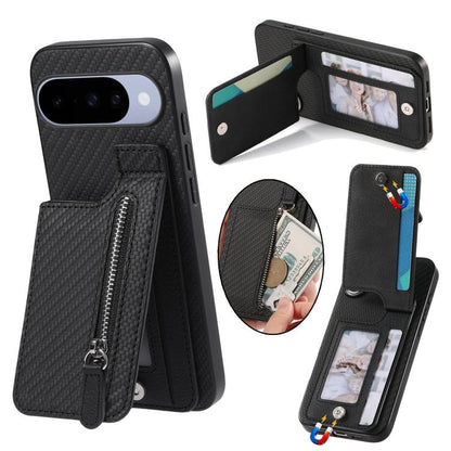 Black carbon fiber phone wallet case with vertical zipper and front card window