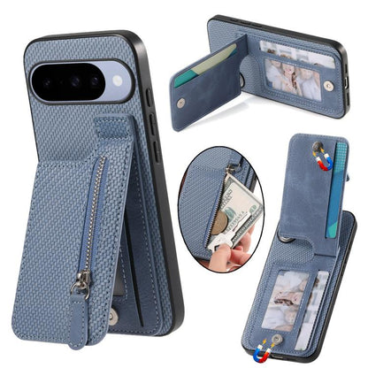 Blue carbon fiber vertical flip phone case with zipper pocket and card slots