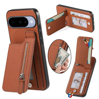 Brown vertical flip phone case with carbon fiber texture, front zipper pocket, card slots