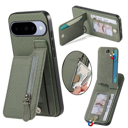 Green vertical flip phone case with carbon fiber texture, front zipper pocket, card slots