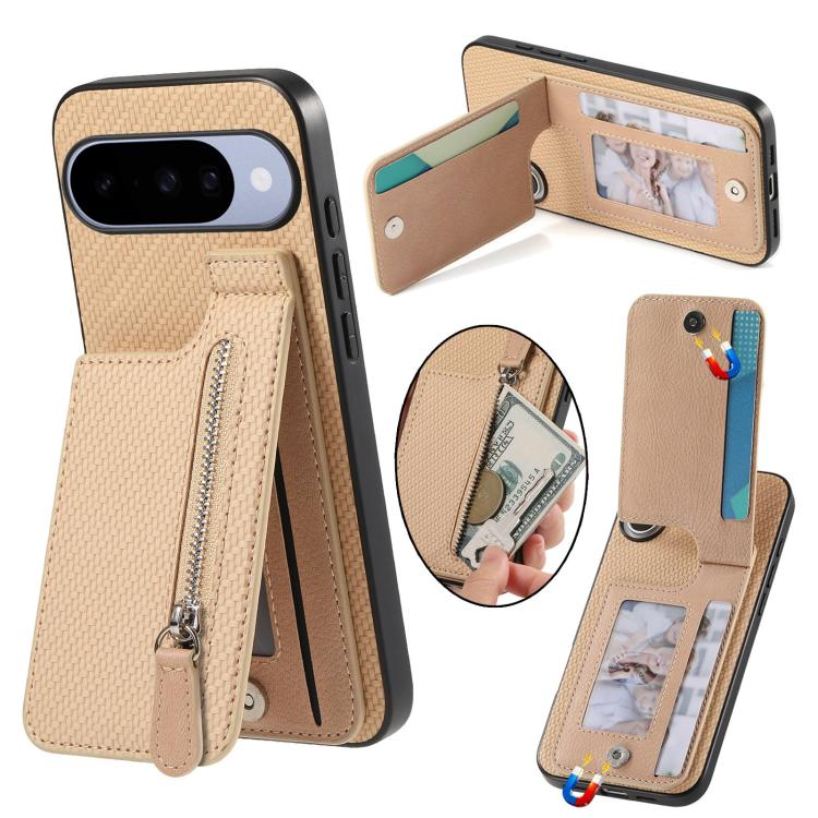 Khaki vertical flip phone case with carbon fiber texture, front zipper pocket, card slots