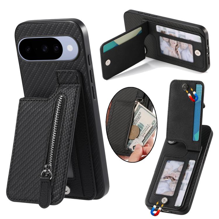 Black carbon fiber phone wallet case with vertical zipper and flip card slots