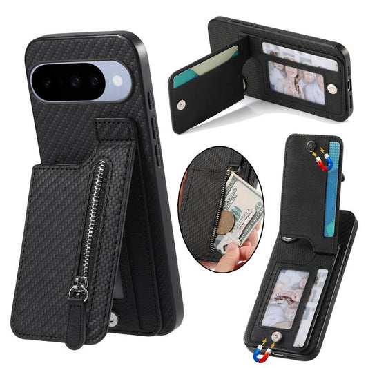 Black carbon fiber phone wallet case with vertical zipper and flip card slots