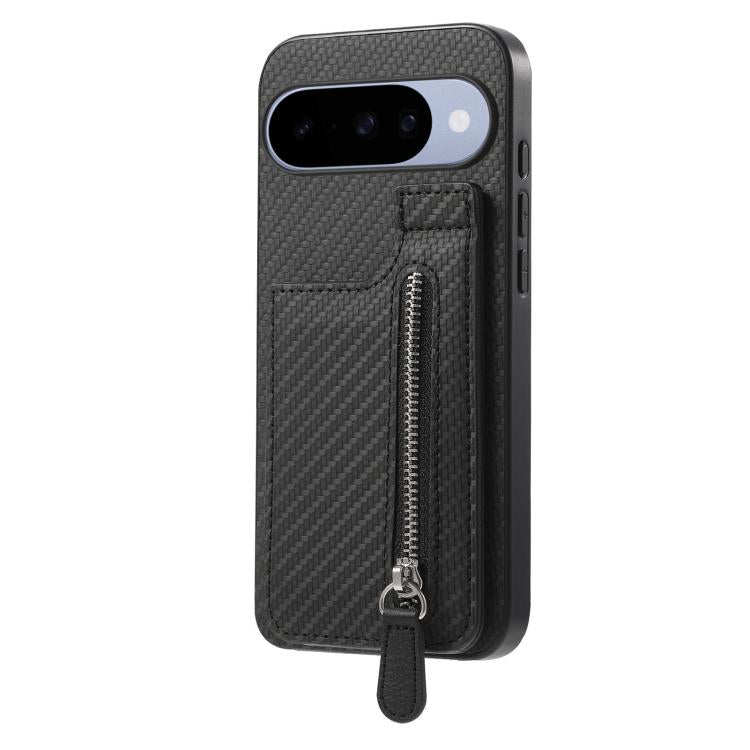 Black carbon fiber phone case with vertical zipper and flip wallet panel