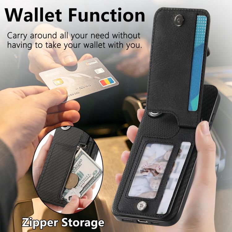 Black phone wallet case with vertical zipper, card slot window, and flip cover