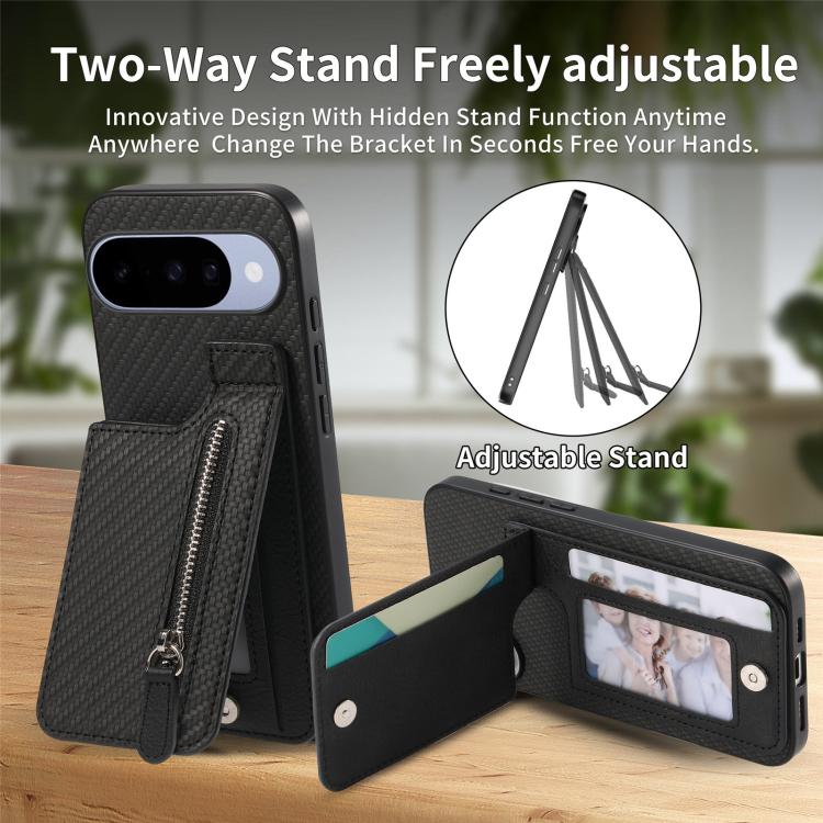 Black carbon fiber phone wallet case with flip cover and vertical zipper pocket