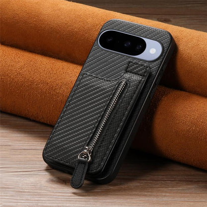 Black carbon fiber phone wallet case with vertical zipper and front card window
