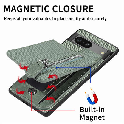 Green flip phone case with card slots and vertical zipper, shown open