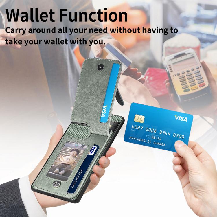 Green wallet flip phone case with card pocket showing card placement