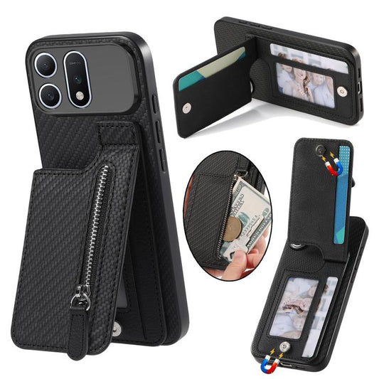 Black carbon fiber vertical flip zipper phone wallet case with card slots and strap