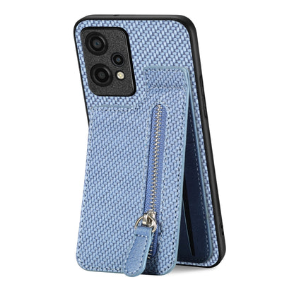 Light blue carbon fiber phone case with vertical flip zipper pocket, angled view