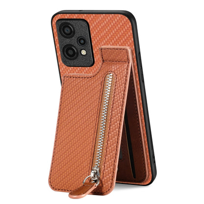 Orange-brown carbon fiber phone case with vertical flip zipper pocket and wrist strap