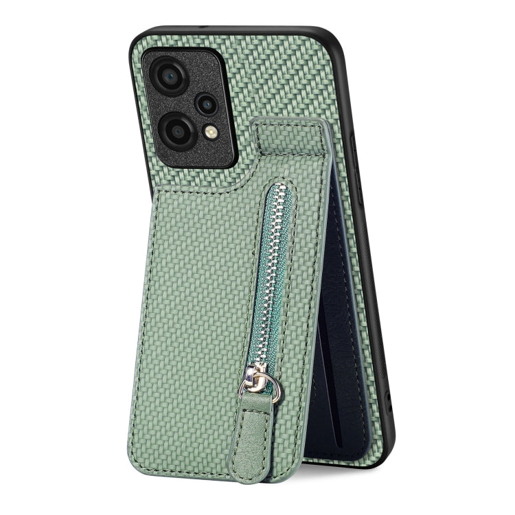 Green carbon fiber phone case with vertical flip zipper pocket, angled view