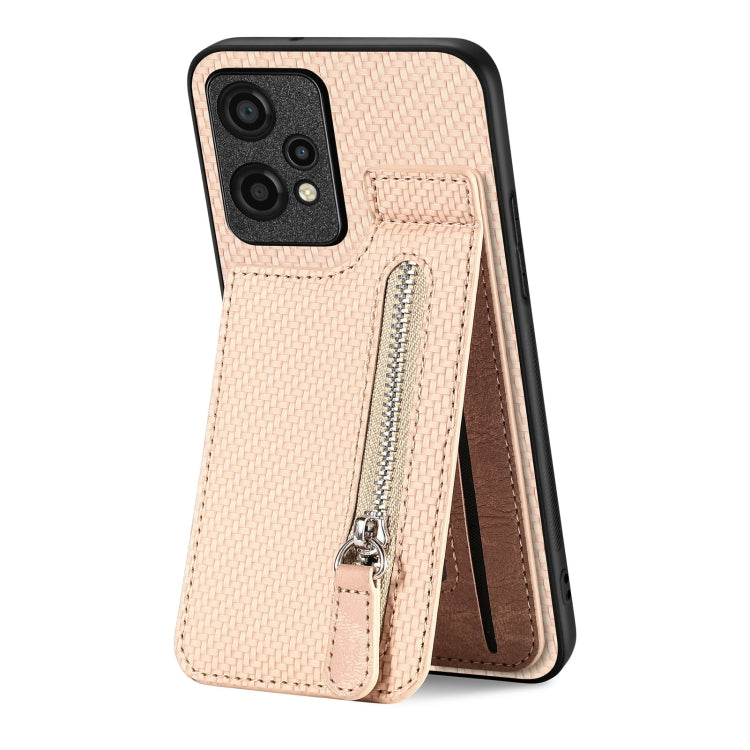 Beige carbon fiber phone case with vertical flip zipper pocket and wrist strap