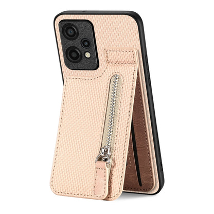 Beige carbon fiber phone case with vertical flip zipper pocket and wrist strap