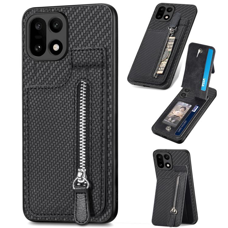 Black phone case with carbon-fiber weave texture and vertical zipper flip cover