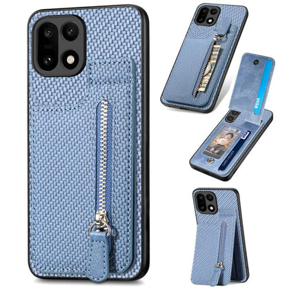 Light blue carbon fiber phone case with vertical flip zipper pocket and wrist strap