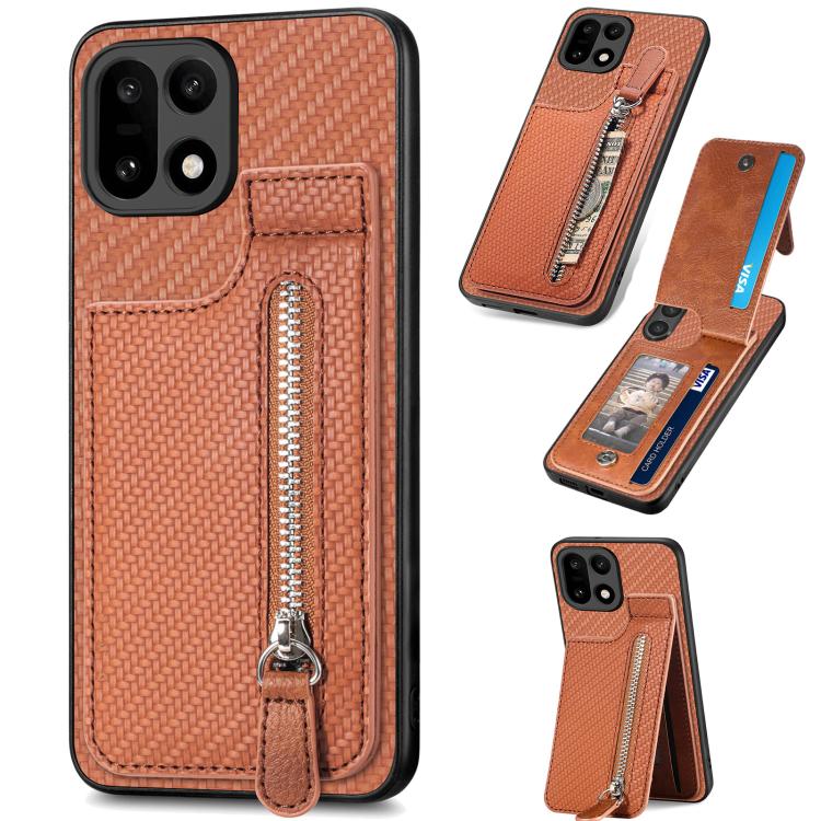 Brown carbon fiber phone case with vertical flip zipper pocket and wrist strap