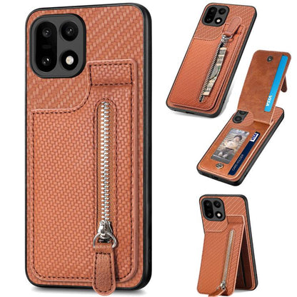 Brown carbon fiber phone case with vertical flip zipper pocket and wrist strap