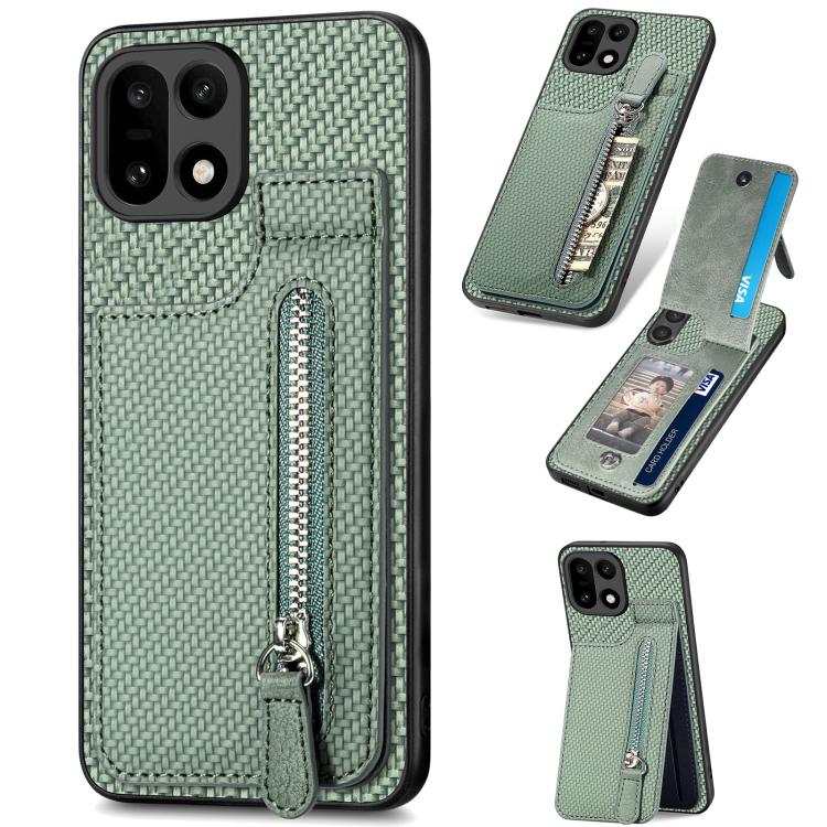 Green carbon fiber phone case with vertical flip zipper pocket and wrist strap