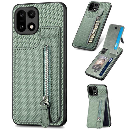 Green carbon fiber phone case with vertical flip zipper pocket and wrist strap