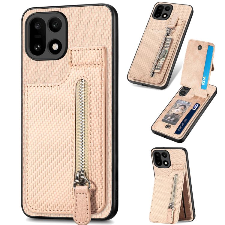 Beige carbon fiber phone case with vertical flip zipper pocket and wrist strap