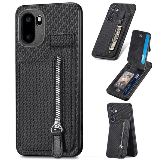 Black carbon-fiber phone case with vertical zipper and flip cover