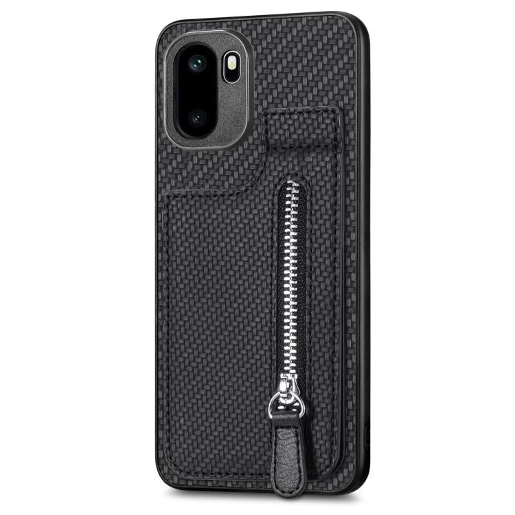 Black phone case with vertical zipper and flip cover pocket detail