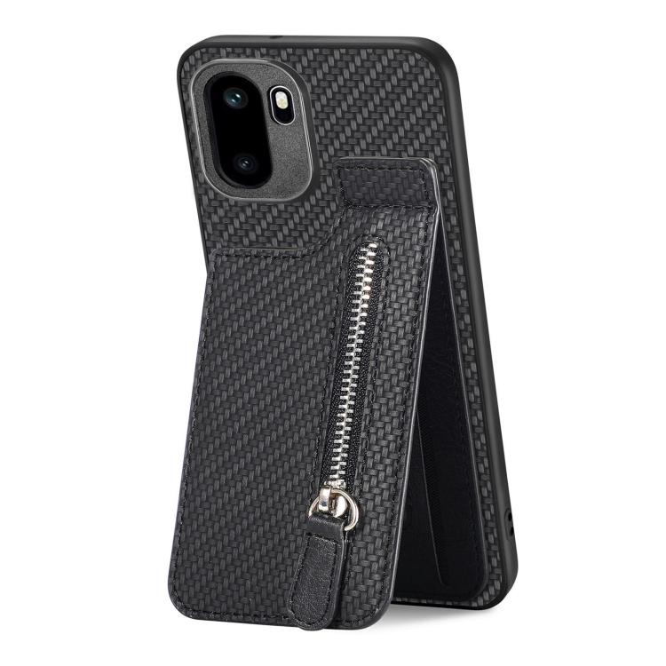 Black flip phone case with raised carbon-fiber texture and vertical zipper