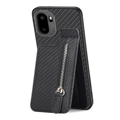 Black flip phone case with raised carbon-fiber texture and vertical zipper