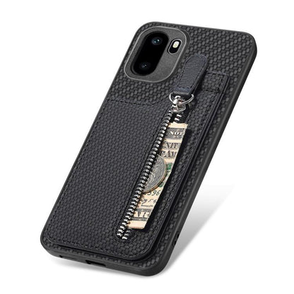 Black flip phone case with vertical zipper and keyring strap