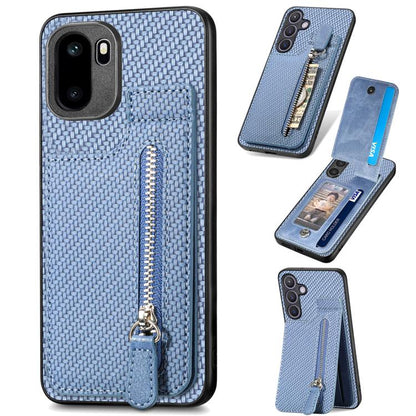 Blue carbon-fiber phone case with vertical zipper and flip cover