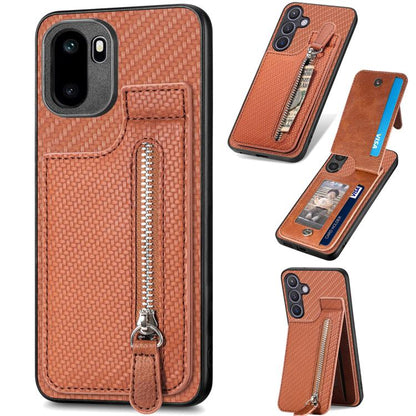 Brown carbon-fiber phone case with vertical zipper and flip card pocket