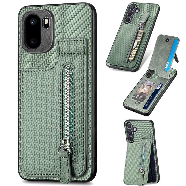 Green carbon-fiber phone case with vertical zipper and flip cover