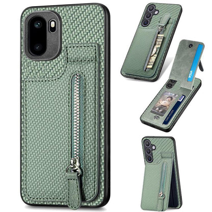 Green carbon-fiber phone case with vertical zipper and flip cover