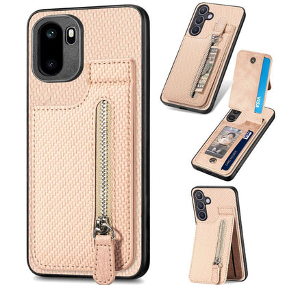 Khaki carbon-fiber phone case with vertical zipper and flip card pocket