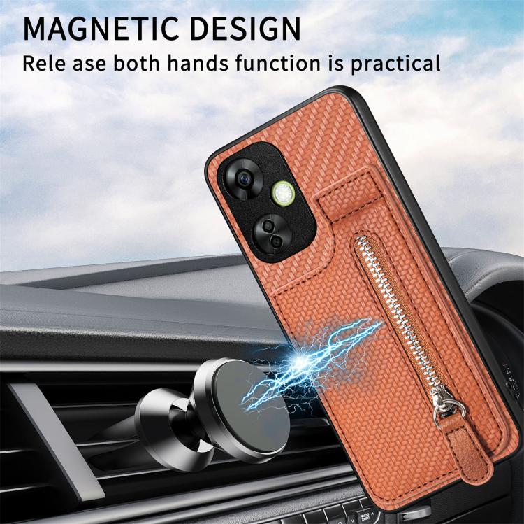 Brown carbon fiber flip phone case with vertical zipper and magnetic closure