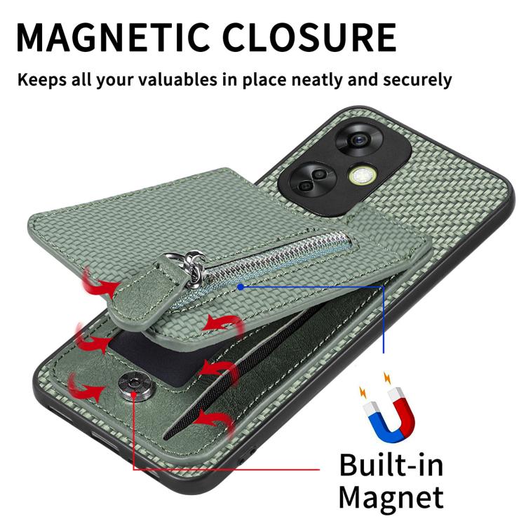 Green carbon fiber flip phone case with open magnetic flap and vertical zipper pocket