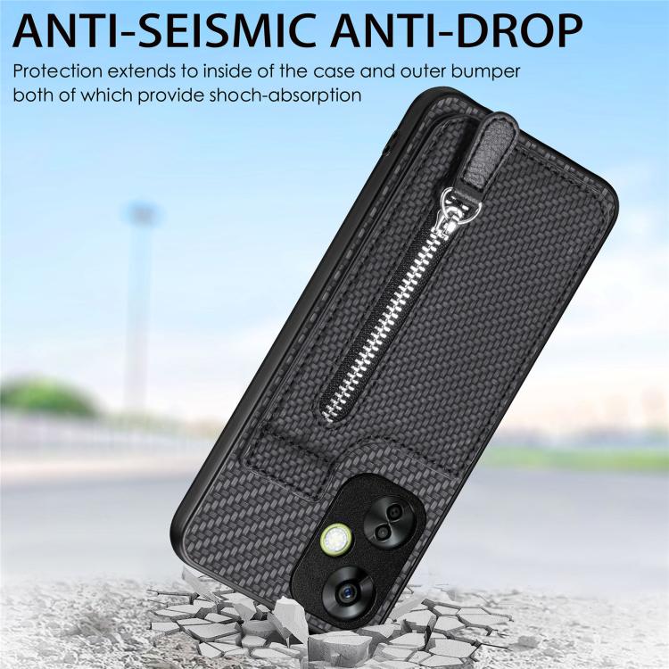 Black textured flip phone case with vertical zipper and camera cutouts
