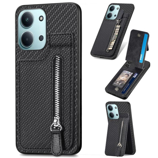 Black carbon fiber vertical flip phone case with zipper and card slot