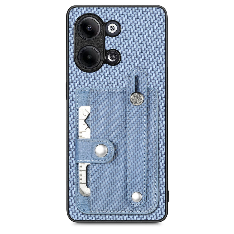 Blue textured phone case with card holder, kickstand tab, and tool knife details