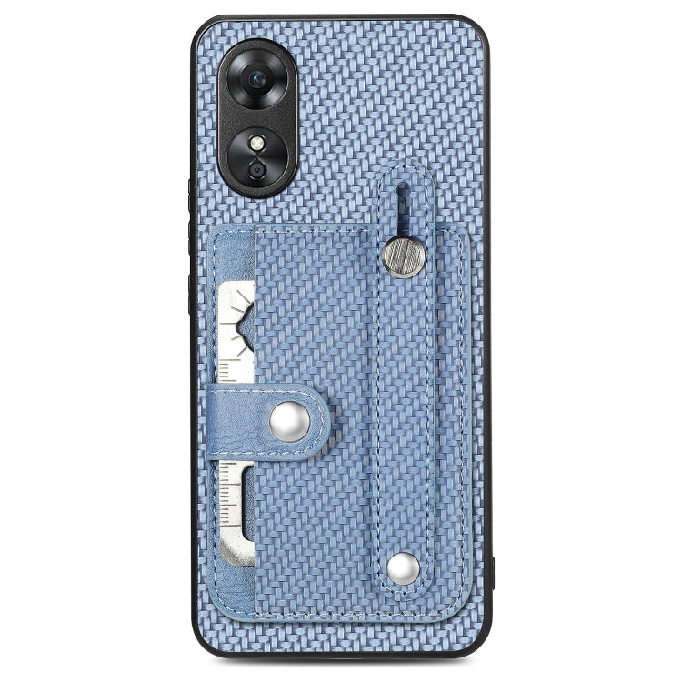 Blue textured phone case with card pocket, metal kickstand, and tool knife