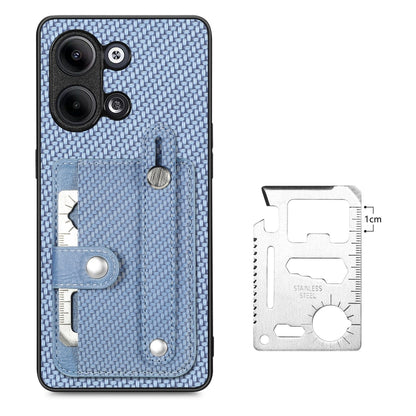 Blue woven phone case with card holder and included tool knife