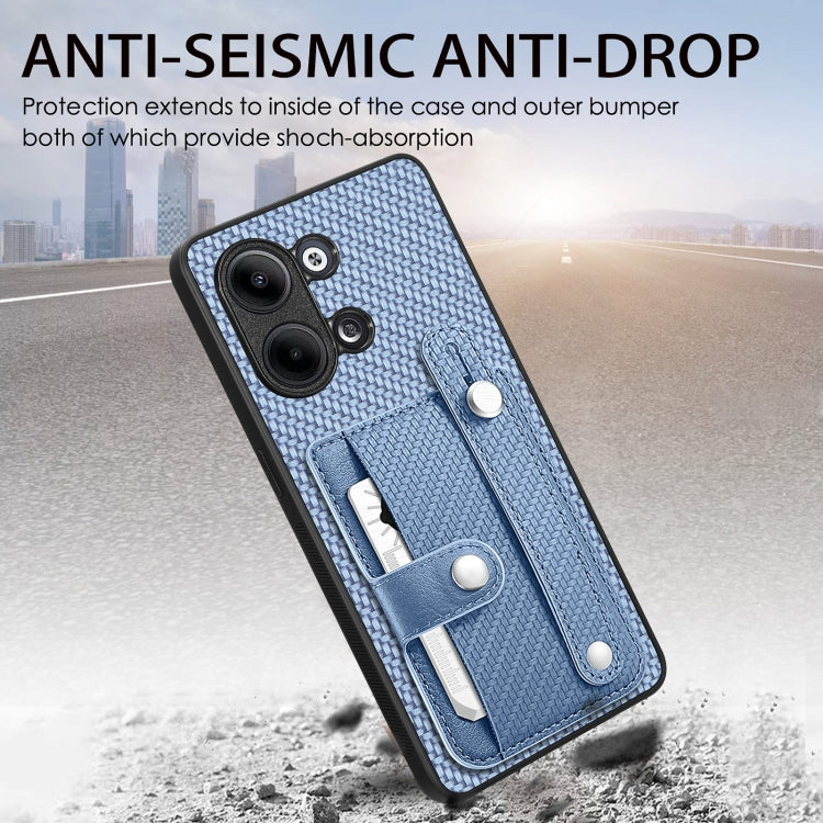 Blue woven phone case with built-in card slot and kickstand