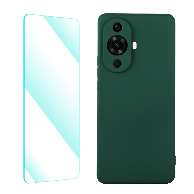 Dark green liquid silicone phone case with tempered glass screen protector for Huawei Nova 11