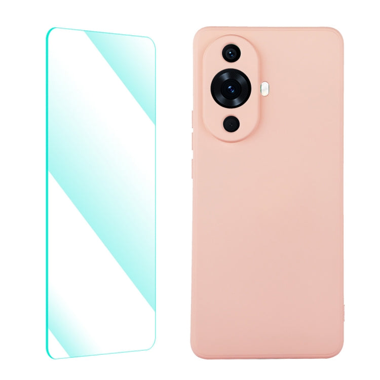 Pink liquid silicone phone case with tempered glass screen protector film