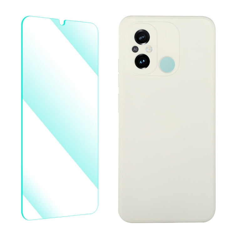 Beige liquid silicone phone case with tempered film, dual camera cutouts