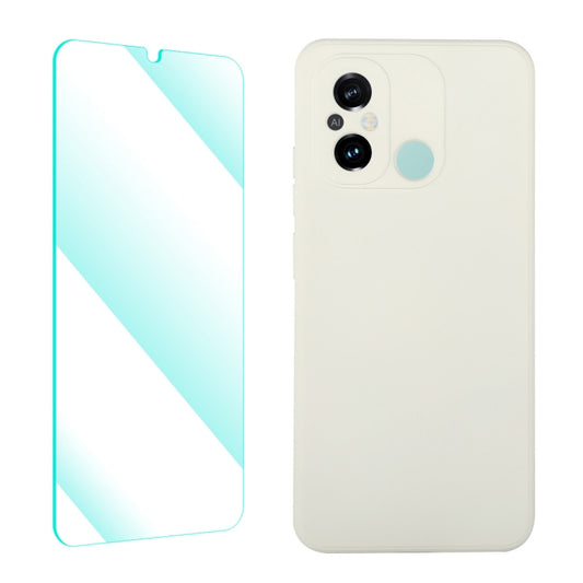 Beige liquid silicone phone case with tempered film, dual camera cutouts