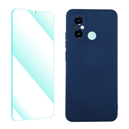 Dark blue liquid silicone phone case with tempered film, dual camera cutouts